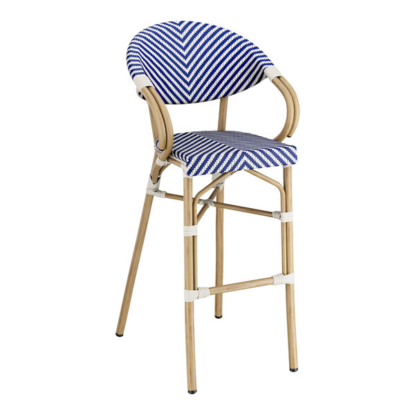 Lancaster Table & Seating Bistro Series Blue and White Teslin Outdoor Arm Barstool