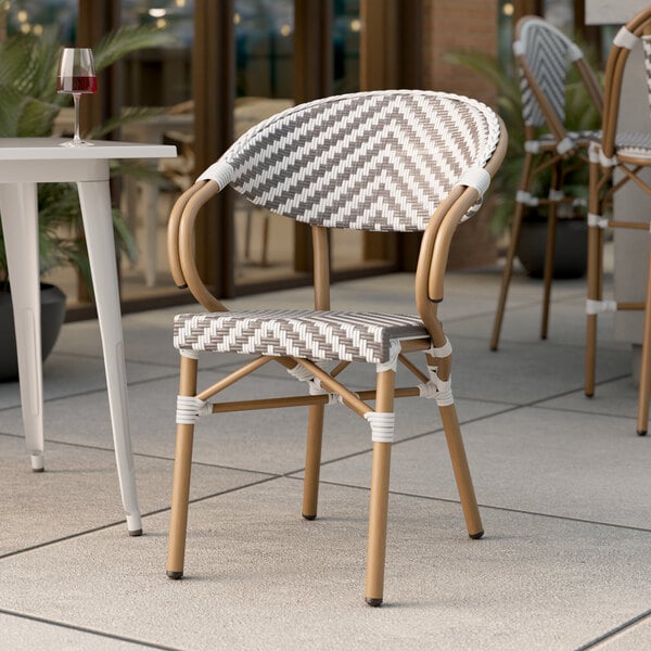 Lancaster Table & Seating Bistro Series Gray and White Chevron Weave Rattan Outdoor Arm Chair
