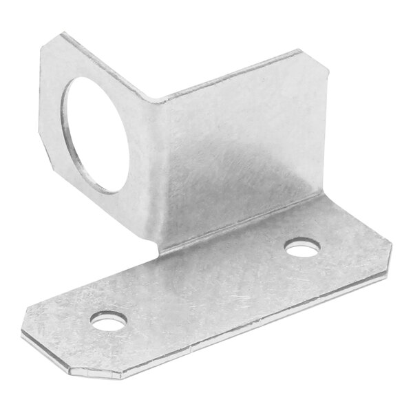 A metal corner bracket with two holes on it.