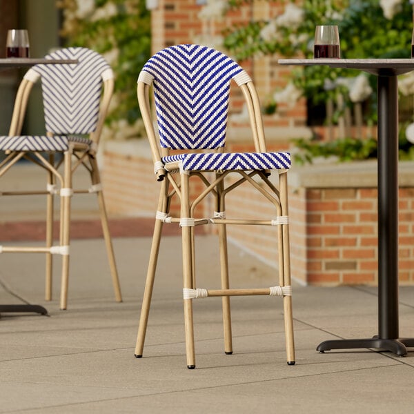 Lancaster Table & Seating Bistro Series Blue and White Teslin Outdoor Side Barstool