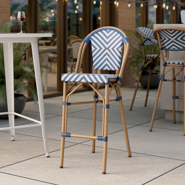 Lancaster Table & Seating Bistro Series Navy and White Chevron Weave Rattan Outdoor Side Barstool