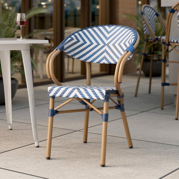 Lancaster Table & Seating Bistro Series Navy and White Chevron Weave Rattan Outdoor Arm Chair