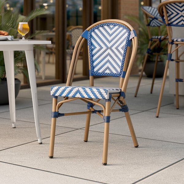 Lancaster Table & Seating Bistro Series Navy and White Chevron Weave Rattan Outdoor Side Chair