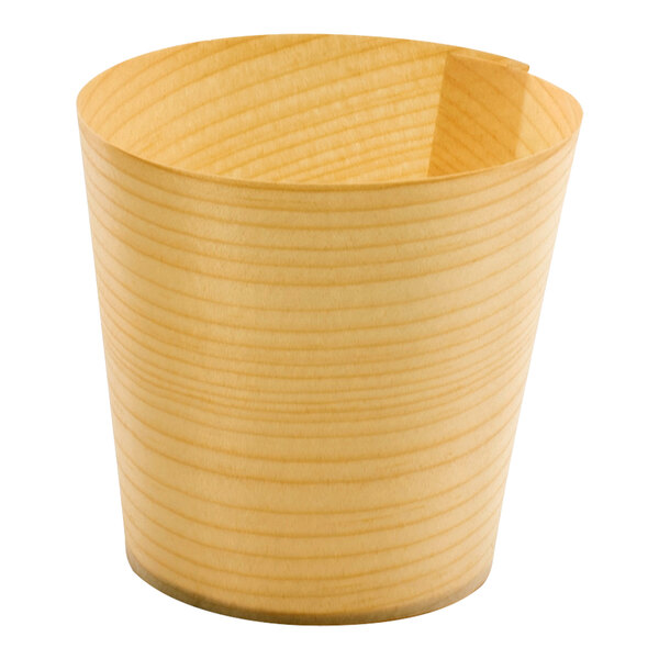 A Front of the House Servewise wood ramekin with a curved edge.