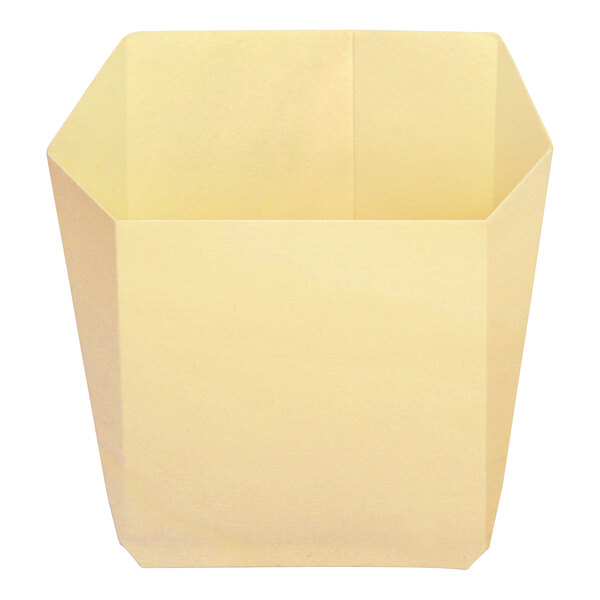 A yellow hexagonal paper container with a lid on it.