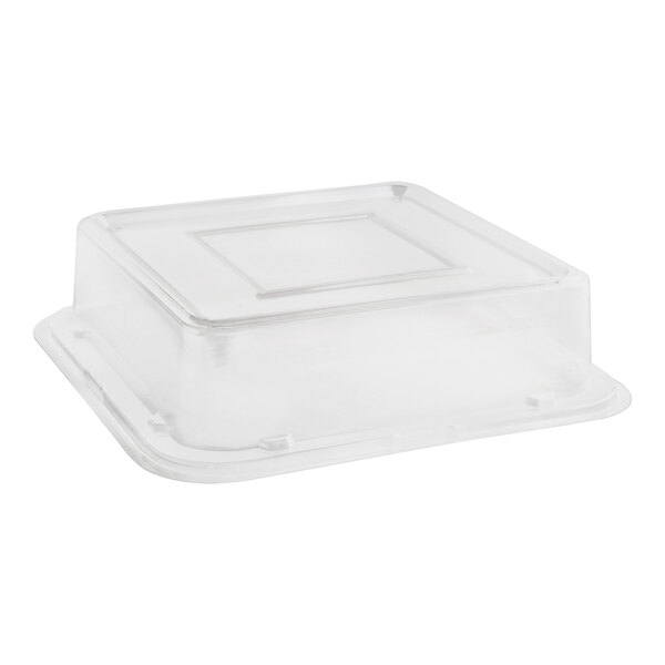 A clear PET plastic lid for a square container.