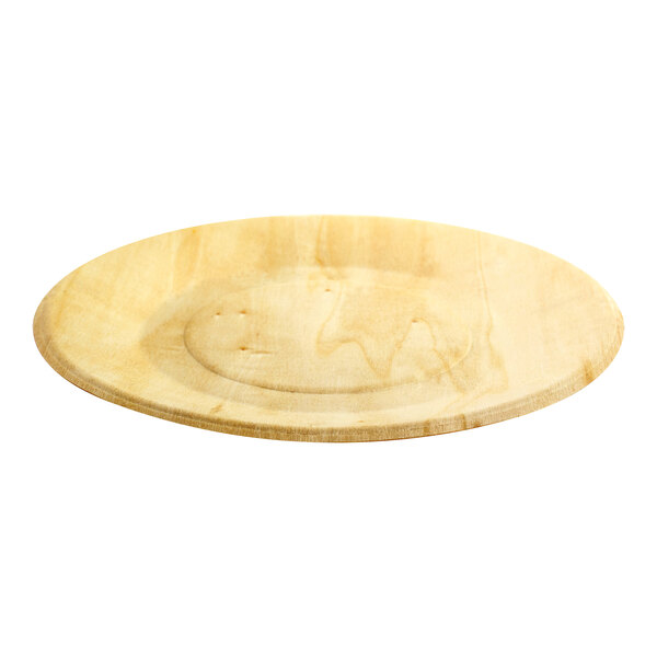 A close-up of a Front of the House Servewise wooden round plate.