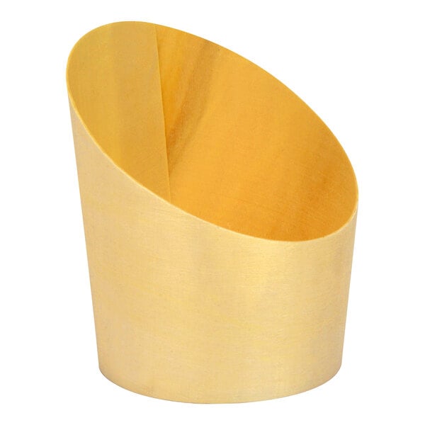 The front of a wooden slanted cup with a curved edge.
