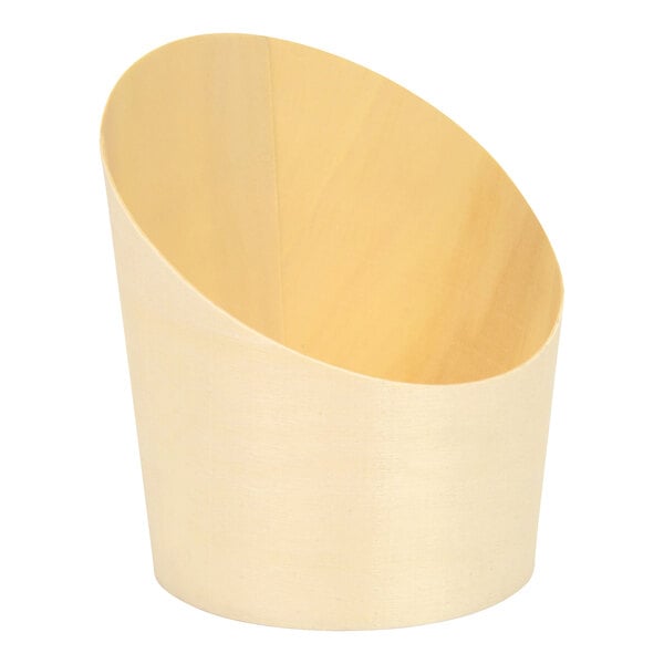 A Front of the House Servewise wooden slanted cup with a curved edge.