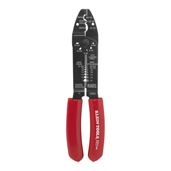 A Klein Tools wire cutter, stripper, and crimper multi-tool with red and black handles.