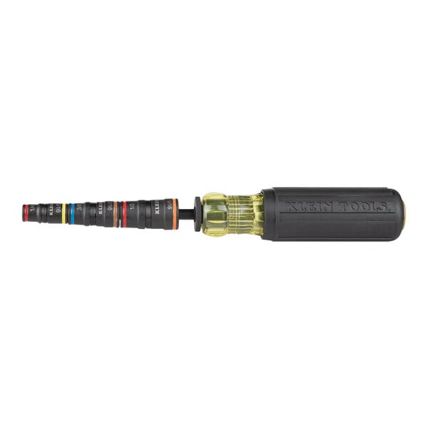 A black and yellow Klein Tools 7-in-1 Impact Flip Socket Set with a black handle.