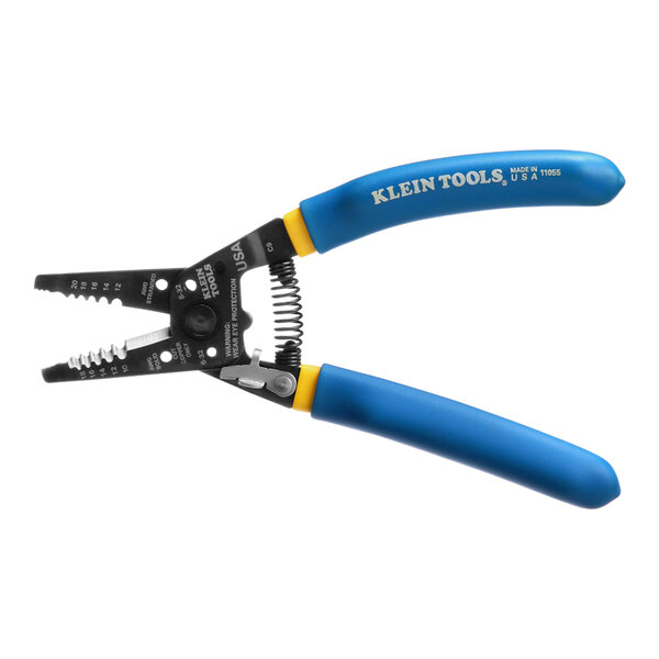 Klein Tools wire cutter with blue handles.