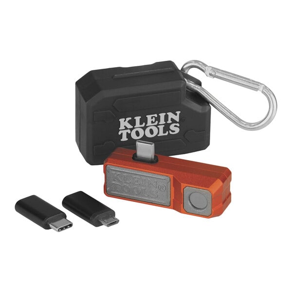 A Klein Tools thermal imager with a black USB cable with a silver metal end.