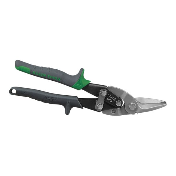 Klein Tools right cut aviation snips with green handles.