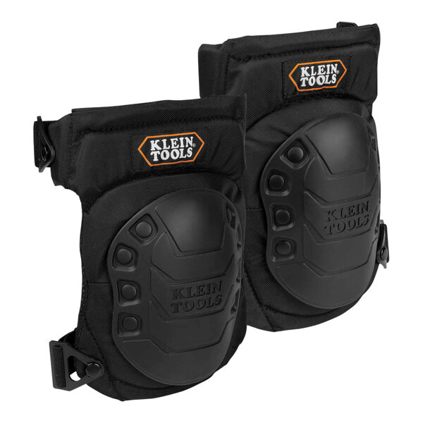 A pair of black Klein Tools knee pads with orange accents.