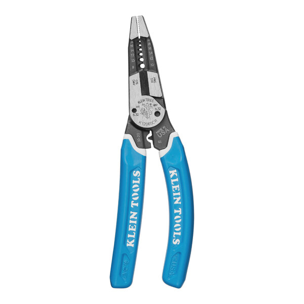 Klein Tools heavy-duty wire cutter and crimper with blue handles.