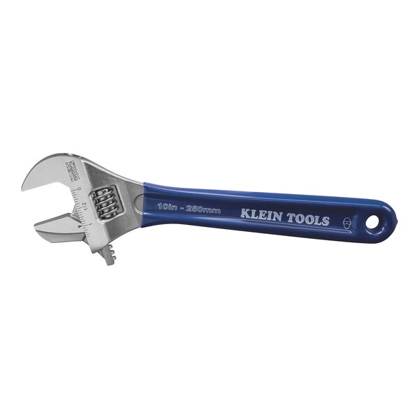 A blue and silver Klein Tools adjustable wrench with white text.