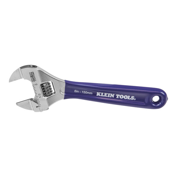 A close-up of a Klein Tools Slim-Jaw adjustable wrench.
