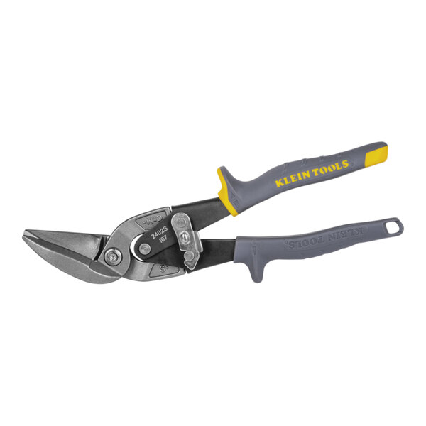 Klein Tools Offset Straight Cut Aviation Snips with yellow handles.