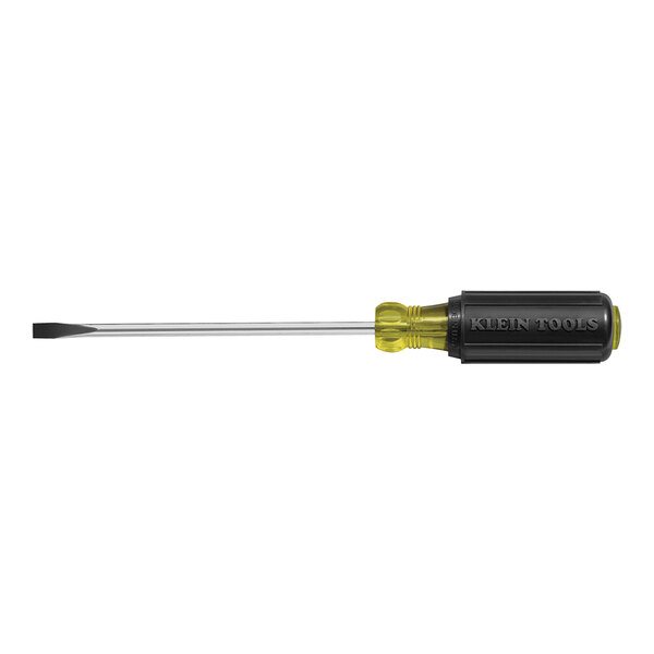 A Klein Tools screwdriver with a yellow and black handle.