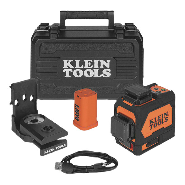 A black Klein Tools laser level with orange accents.