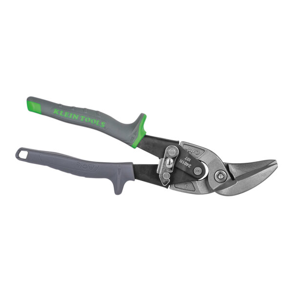 Klein Tools Offset Right Cut Aviation Snips with green handles.
