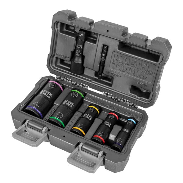 A black and yellow Klein Tools 7-piece flip impact socket set in a tool box.