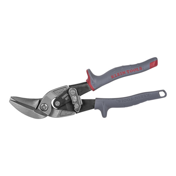 Klein Tools Offset Left Cut Aviation Snips with a red handle.