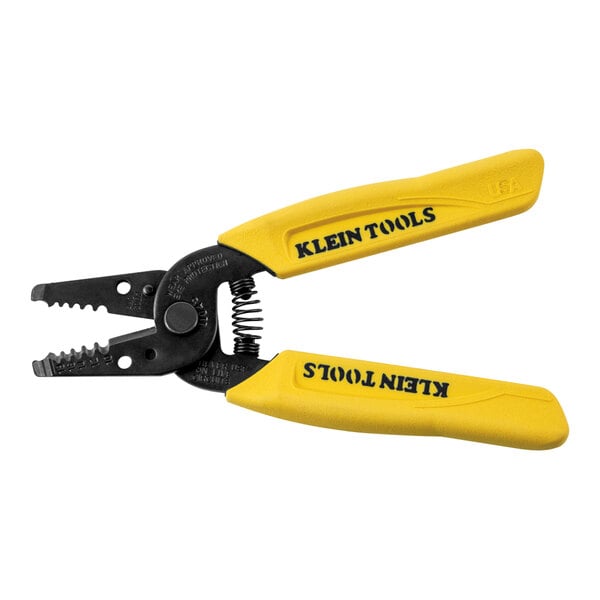 A yellow Klein Tools wire cutter with black text.