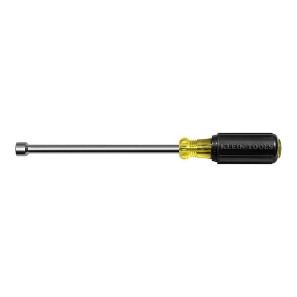 A Klein Tools screwdriver with a yellow and black handle and a 6" hollow shaft with a magnetic tip.