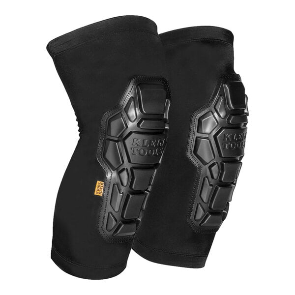 A pair of black Klein Tools knee pad sleeves with protective design.