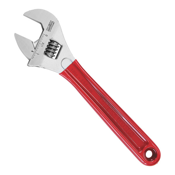 A red and silver Klein Tools adjustable wrench with extra capacity.