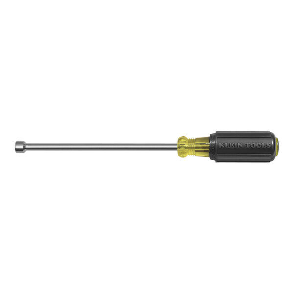 A Klein Tools screwdriver with a yellow handle and a 5/16" magnetic tip.