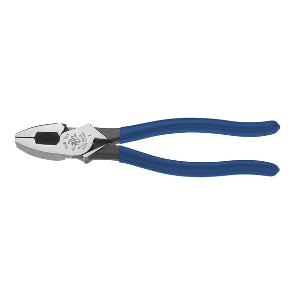 Klein Tools 9" High-Leverage Side Cutting Lineman's pliers with blue handles.