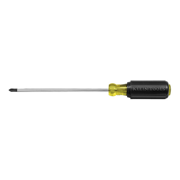 A Klein Tools Phillips screwdriver with a black metal tube and yellow handle.