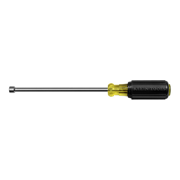 A Klein Tools screwdriver with a yellow and black handle and a 6'' hollow shaft with a magnetic tip.