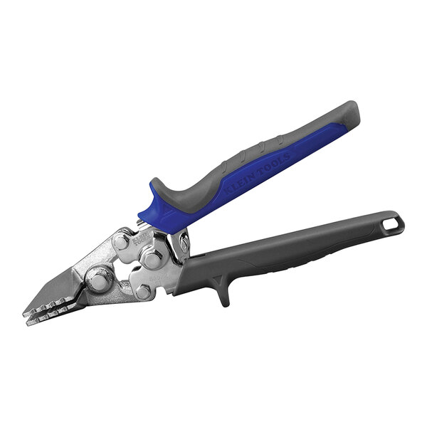 A close-up of Klein Tools straight hand seamer with blue handles.