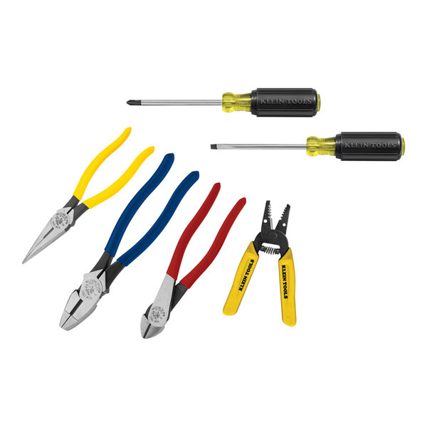 A Klein Tools 6-piece apprentice tool kit with pliers, wire cutter, and wrenches on a white background.