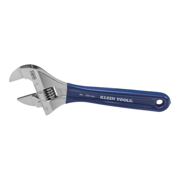A blue and silver Klein Tools adjustable wrench.