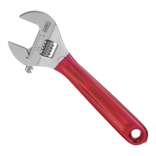 A red and silver Klein Tools adjustable wrench with a red handle.