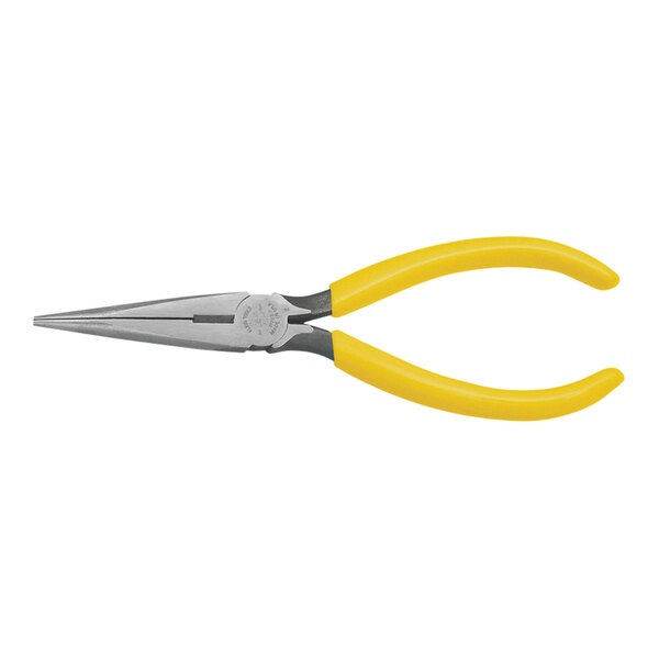 Klein Tools needle nose side cutting pliers with yellow and silver handles.