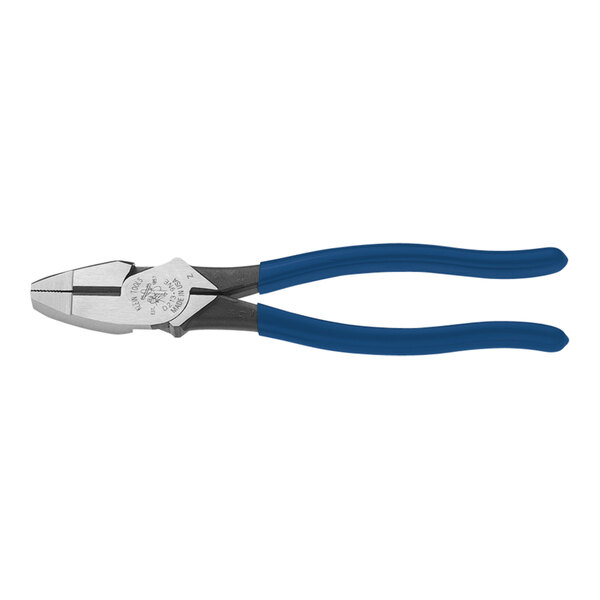 Klein Tools High-Leverage Side Cutting Lineman's Pliers with blue handles.