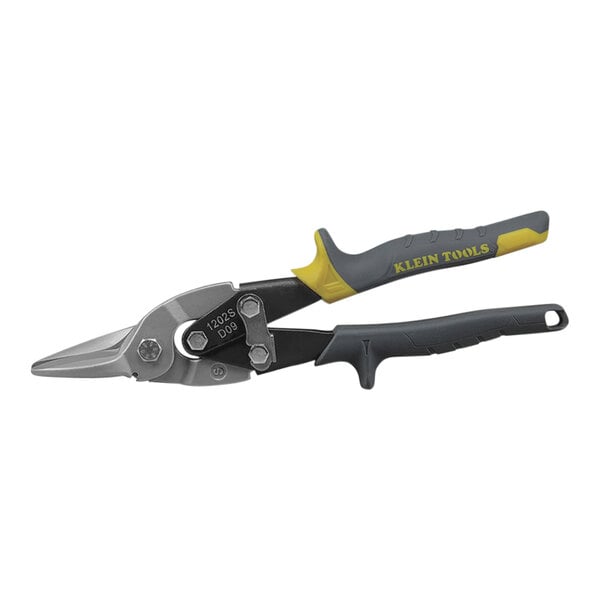 Klein Tools aviation snips with yellow handles.