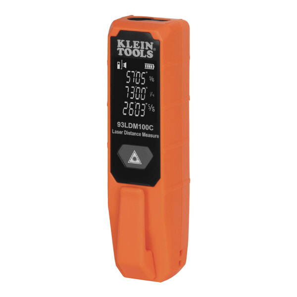 A close-up of an orange Klein Tools laser distance meter with a digital display.