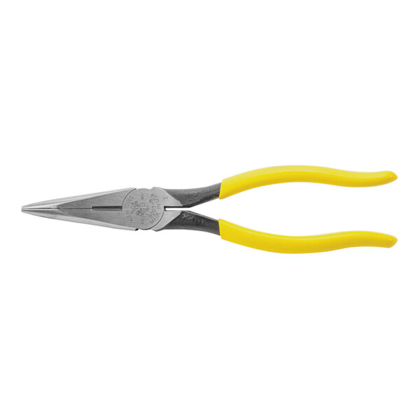 Klein Tools 8" Needle Nose Side Cutting Pliers with yellow and grey handles.