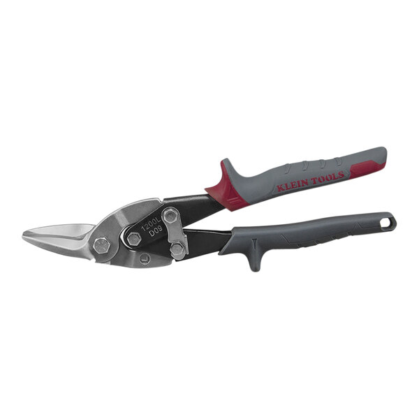Klein Tools left cut aviation snips with red handles.