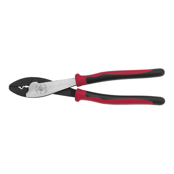 Klein Tools Journeyman Crimping and Cutting Tool with red handles.