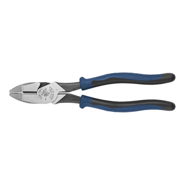 Klein Tools Journeyman High-Leverage Side Cutting Lineman's Pliers with blue handles.