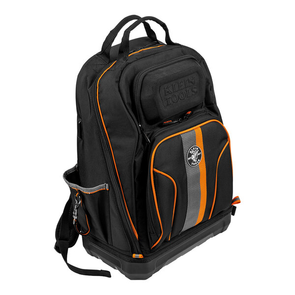 A black and orange Klein Tools backpack with a zipper.