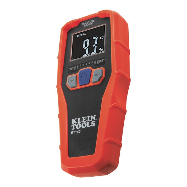 An orange Klein Tools pinless moisture meter.